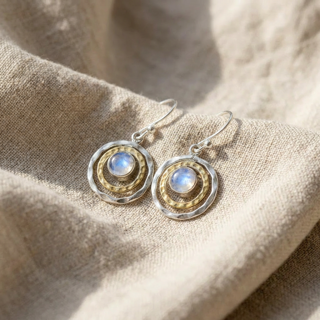 Adeline two-tone round drop earrings with luminous pale centers and concentric textured frames