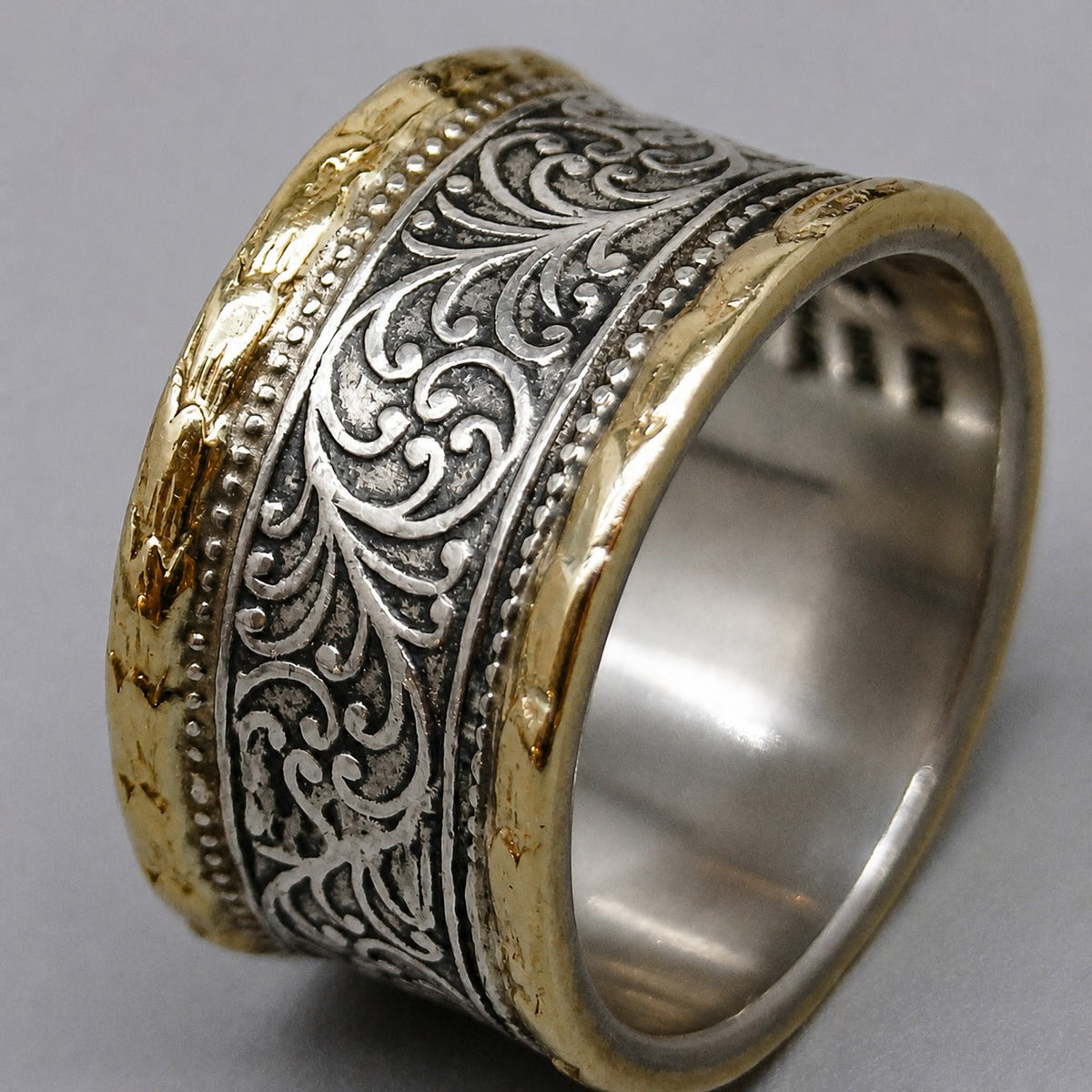 Beatrice two-tone wide band ring with scrolling filigree and beaded borders