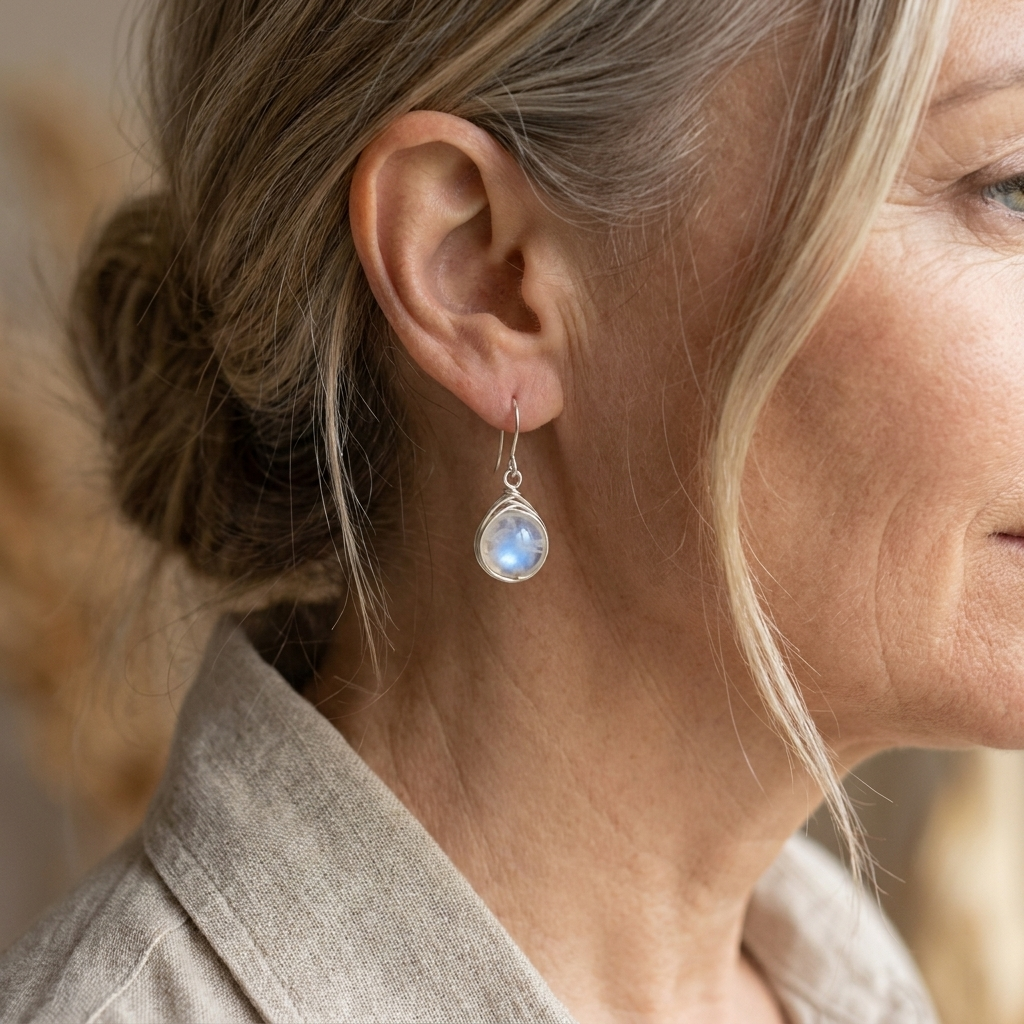 Celia round moonstone-look hook earrings worn by a woman