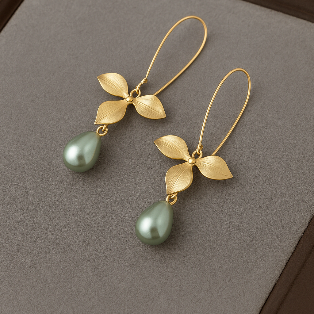 Elowen gold-tone leaf drop earrings with gray-green teardrop accents