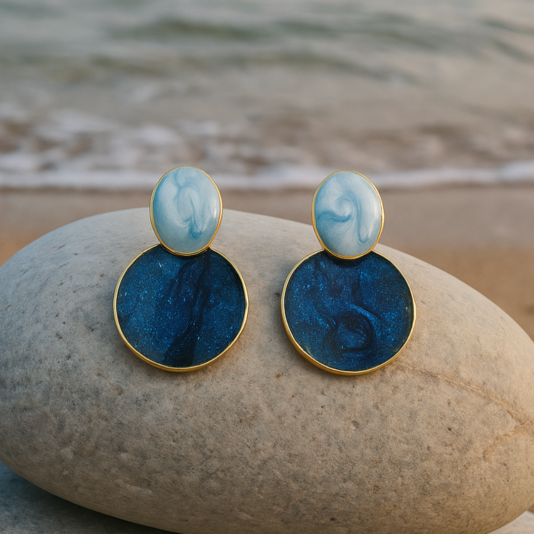Nerissa blue round drop earrings with pale oval tops, product view