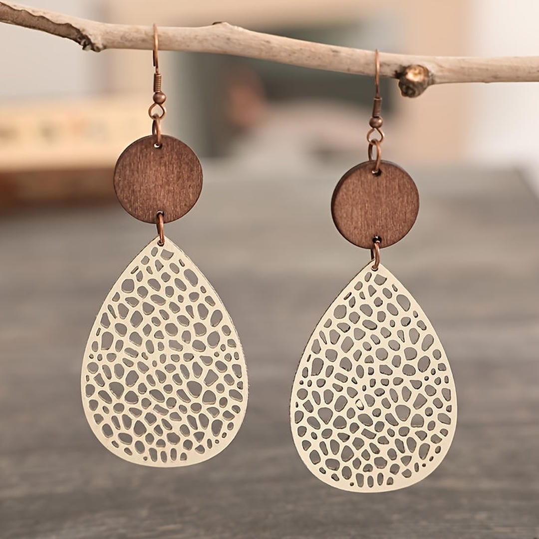 Odette cream openwork teardrop earrings with brown round tops