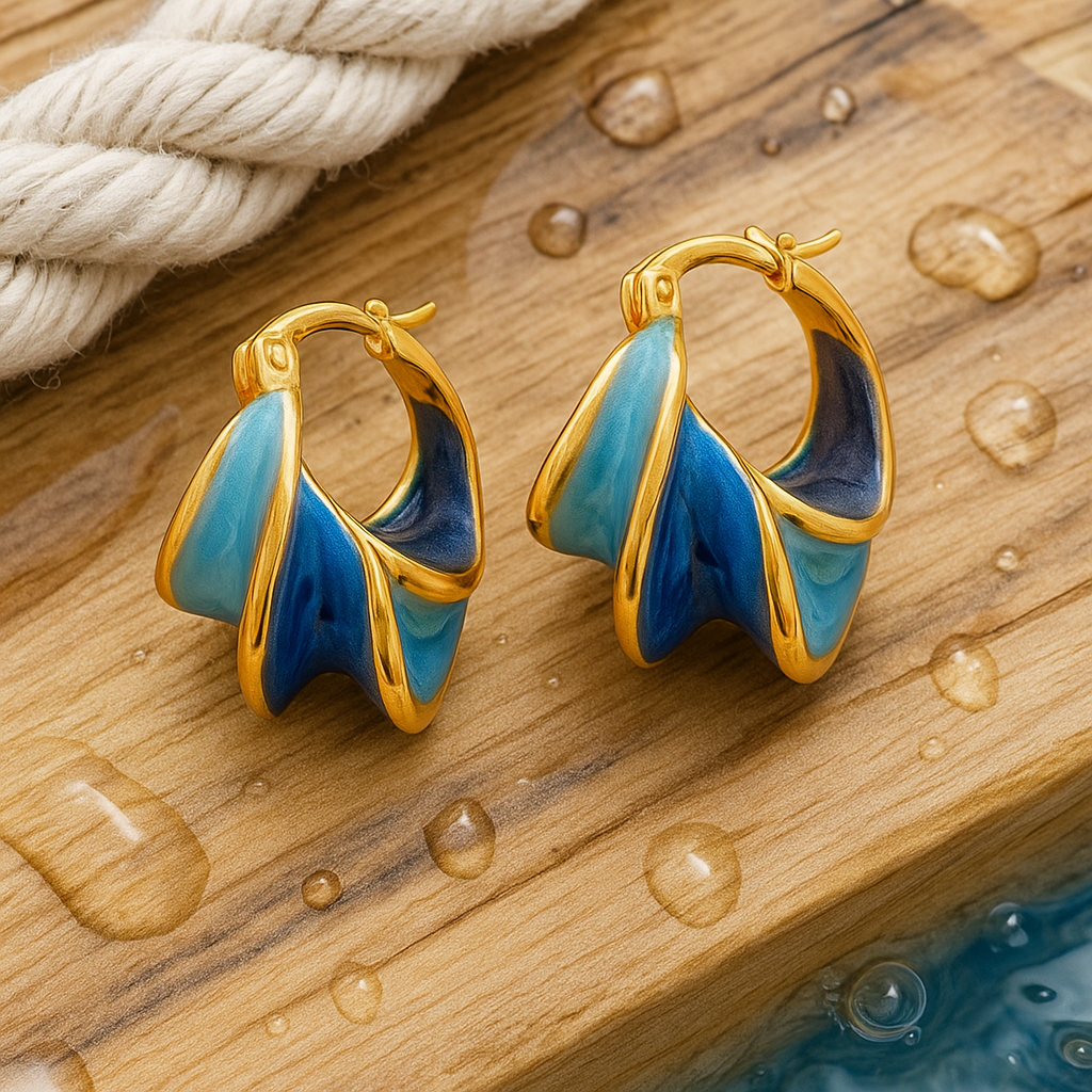 Seren blue wave hoop earrings with folded shapes and gold-tone edges