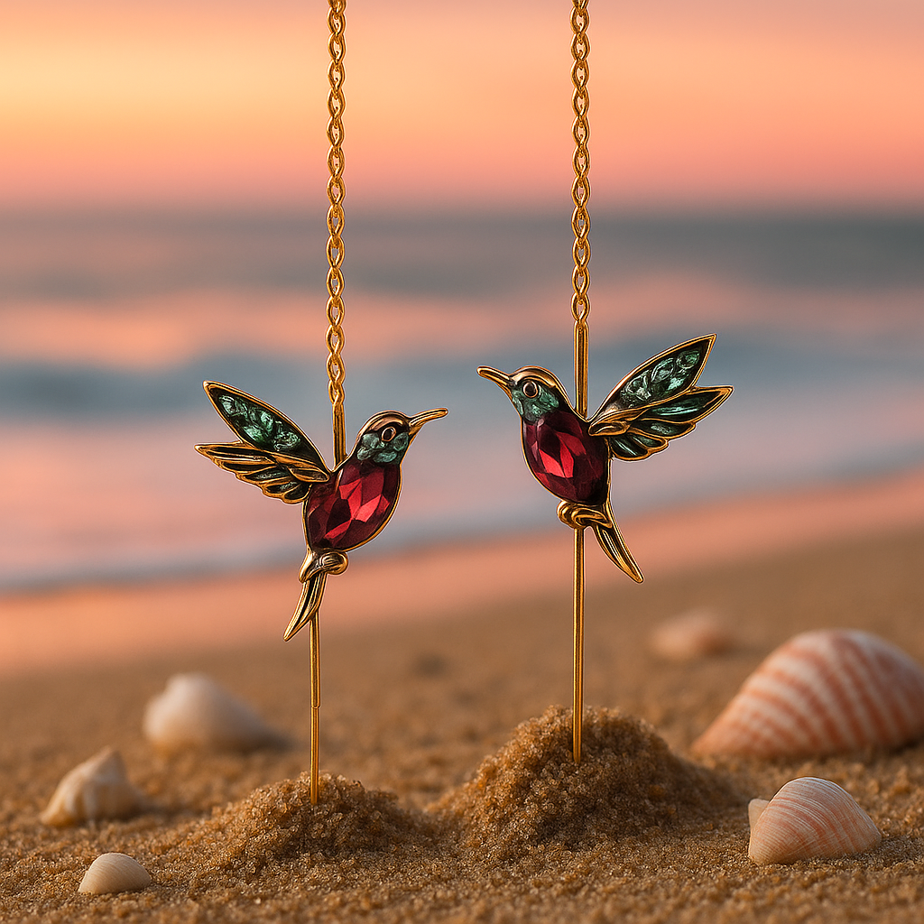 Vera red hummingbird drop earrings against a sunset background