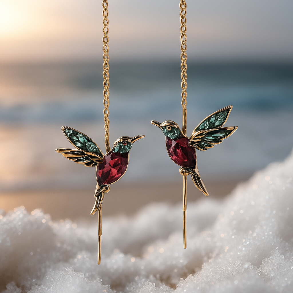 Vera red hummingbird drop earrings, close-up detail