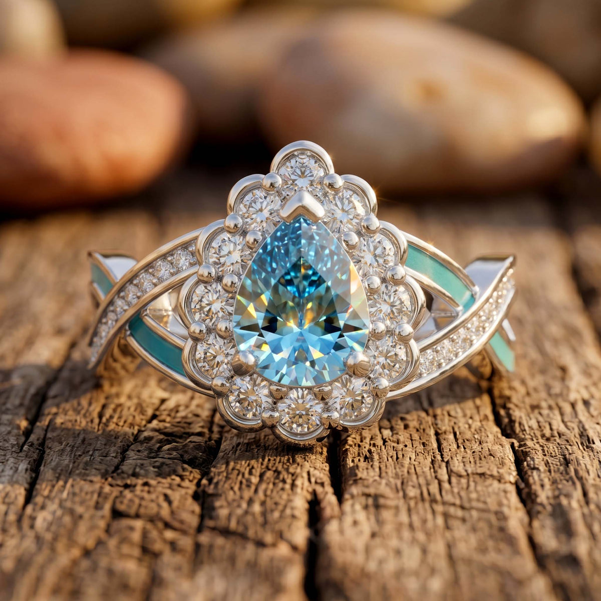 Ring with an icy blue pear-shaped center, clear floral halo, and aqua details along the open band.