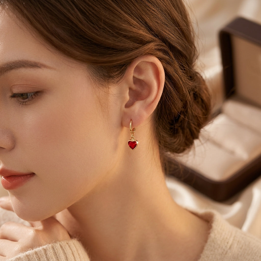 Virginie — Gold Ruby Heart Drop Earrings