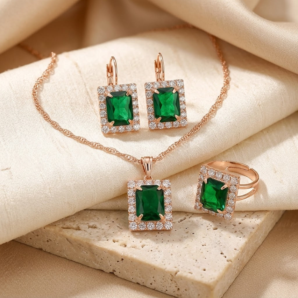 Mathilde — Gold Emerald Rectangular Jewelry Set