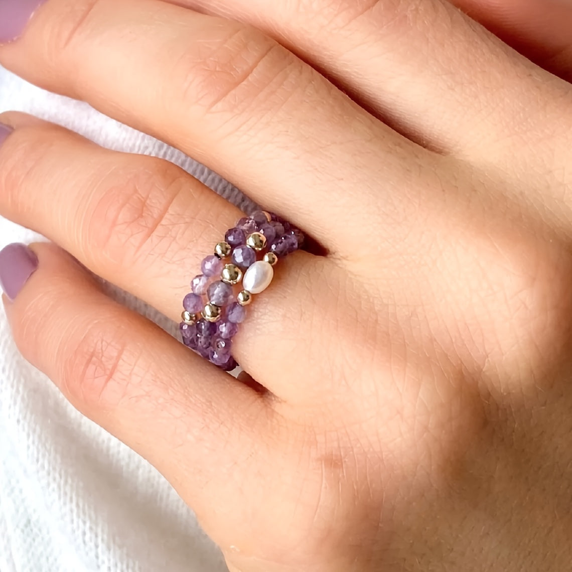 Winsome — 3pcs Set Amethyst Beaded Rings