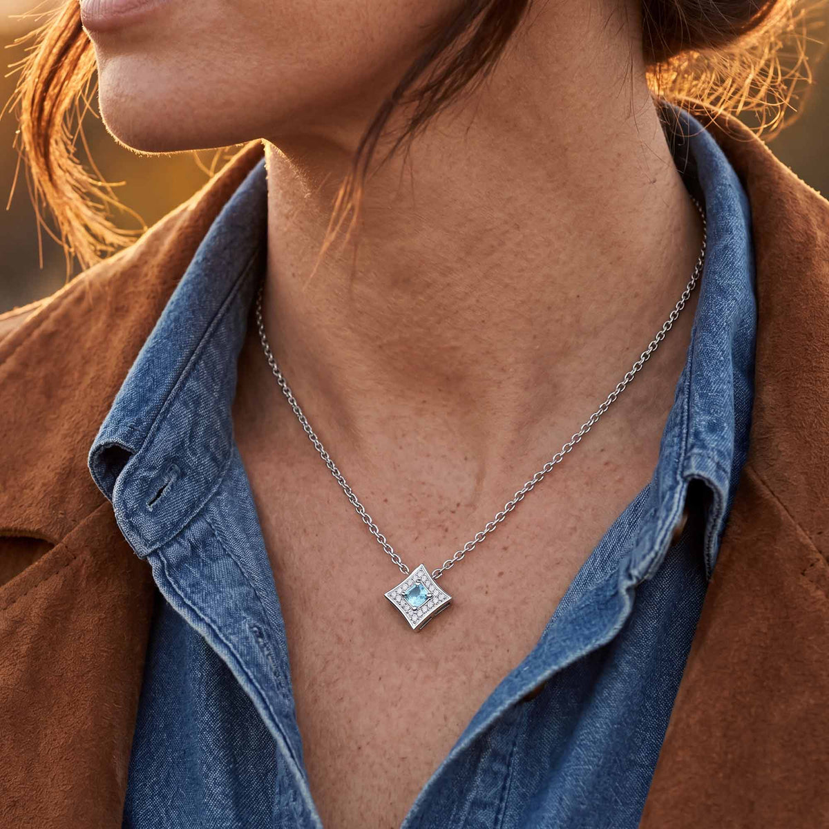Icy Blue Square Halo Necklace — product view 3