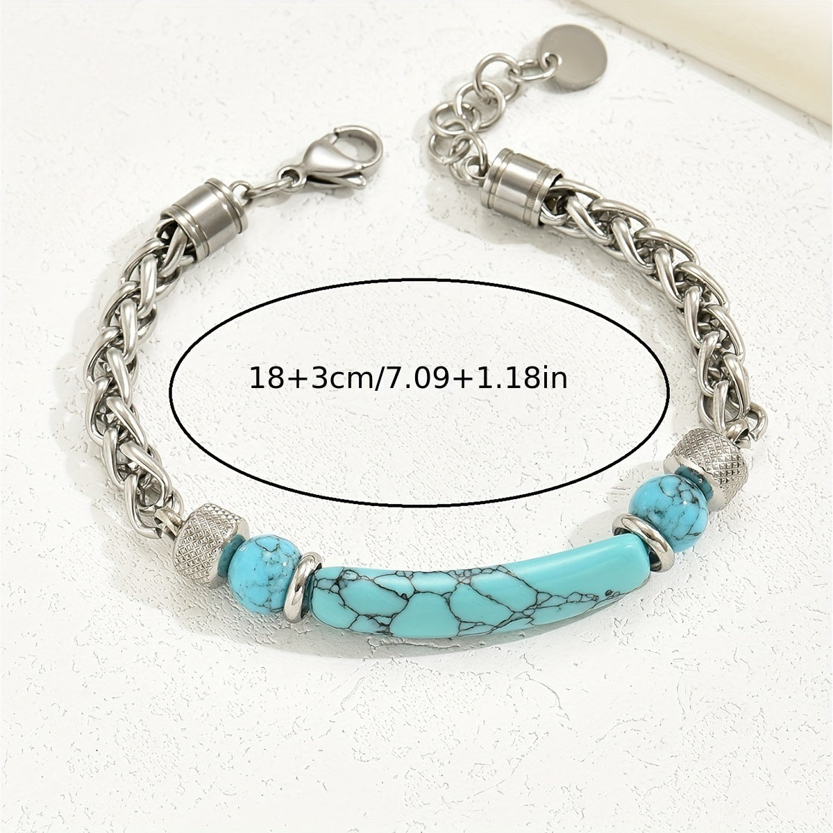 Turquoise-colored bar bracelet size illustration showing an 18 cm bracelet and 3 cm extender.