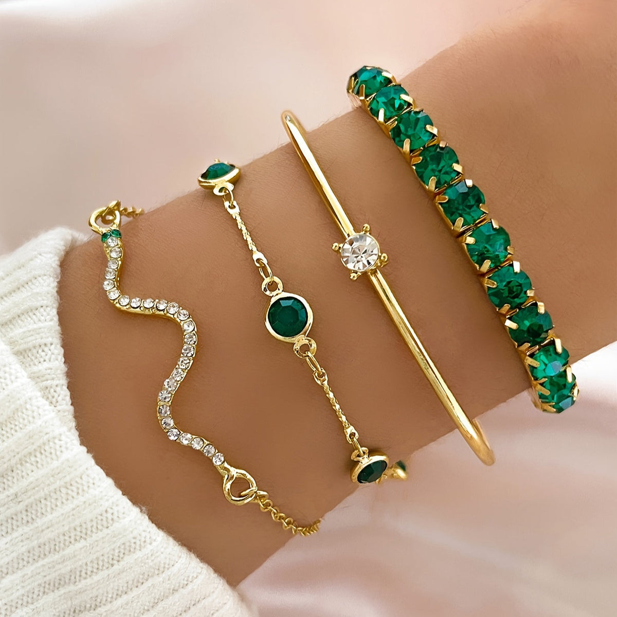 Thea — Green Rhinestone Bracelet Set of 4