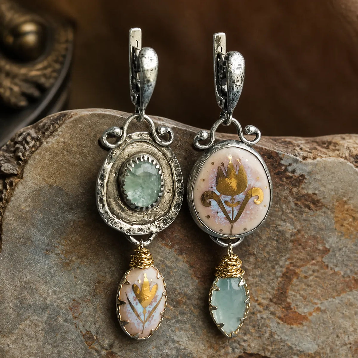 Vintage Blue Irregular Flower Earrings