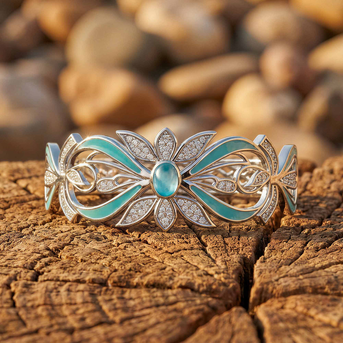 Wide cuff bracelet with an oval icy blue center, open leaf shapes, aqua curves, and clear accents.