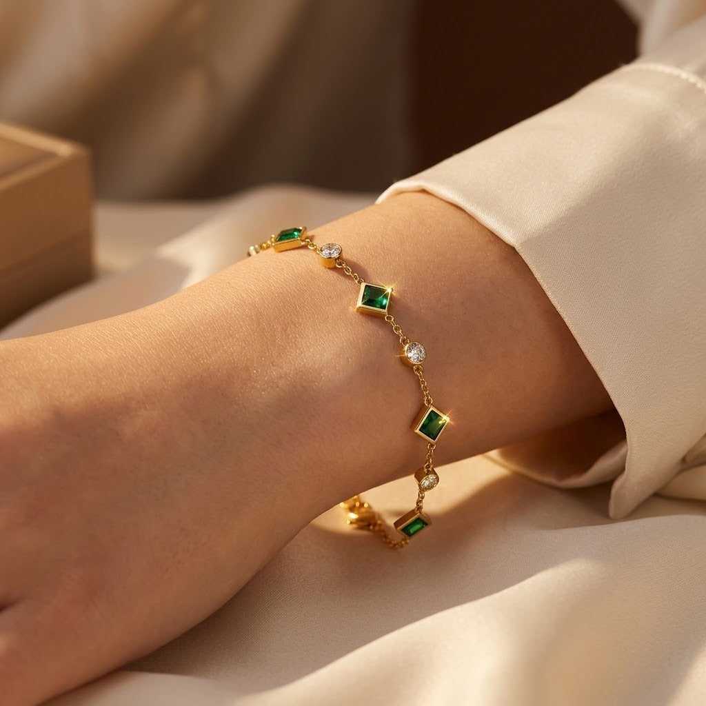 Faustine — Gold Emerald Station Bracelet