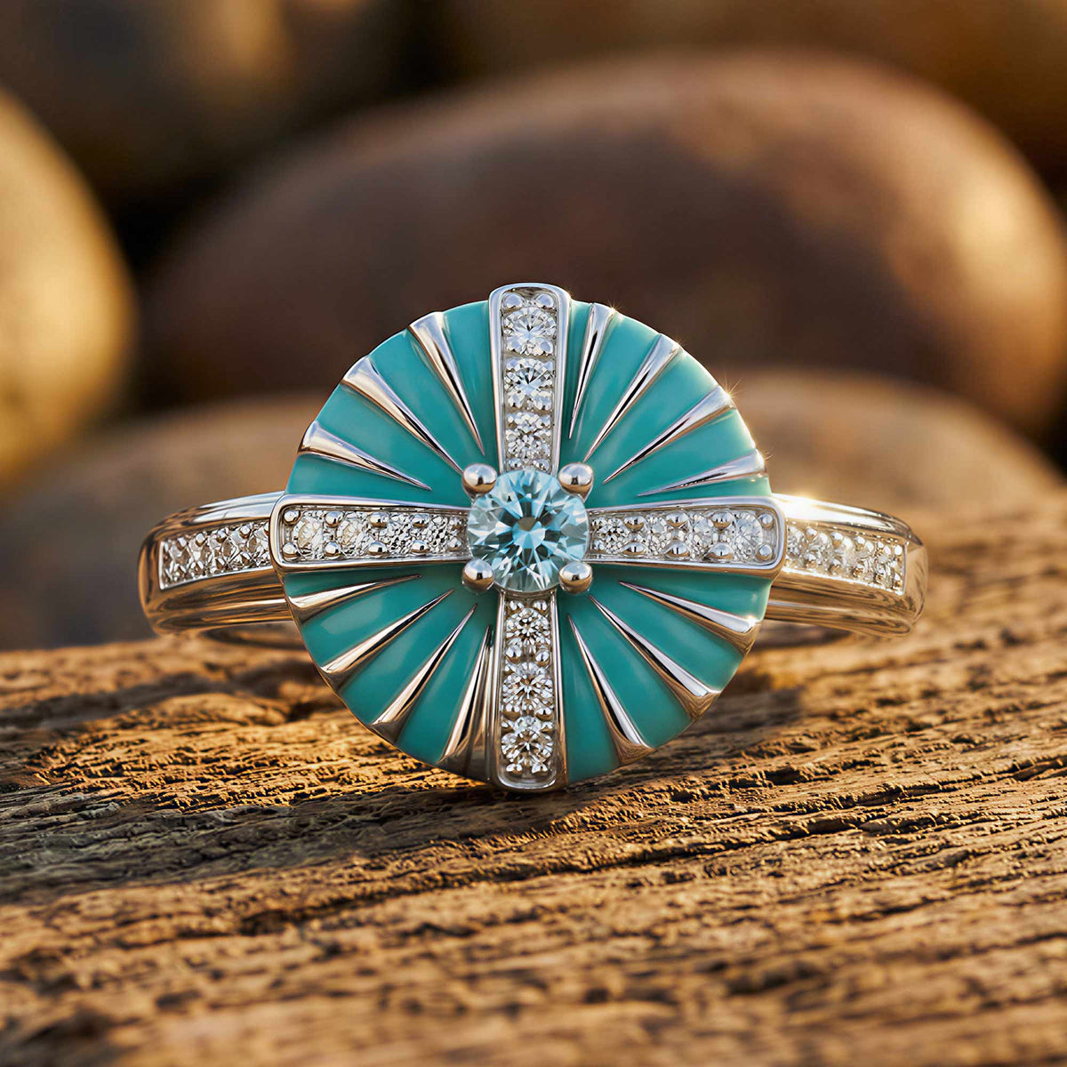 Round aqua disc ring with silver-tone geometric spokes, clear accents, and an icy blue center.