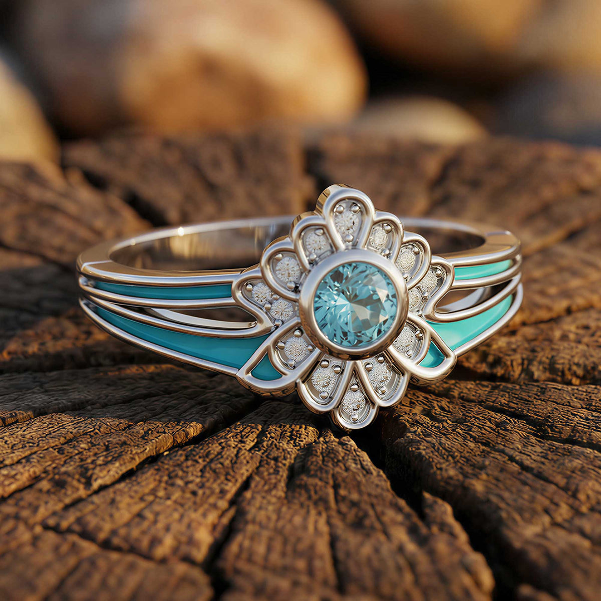 Ring with a round icy blue center, clear petal-shaped outline, and aqua details across an open band.