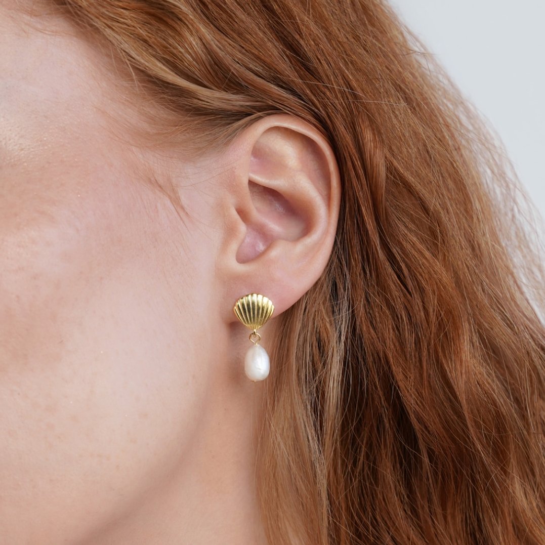 Rita — Freshwater Pearl & Gold Shell Earrings