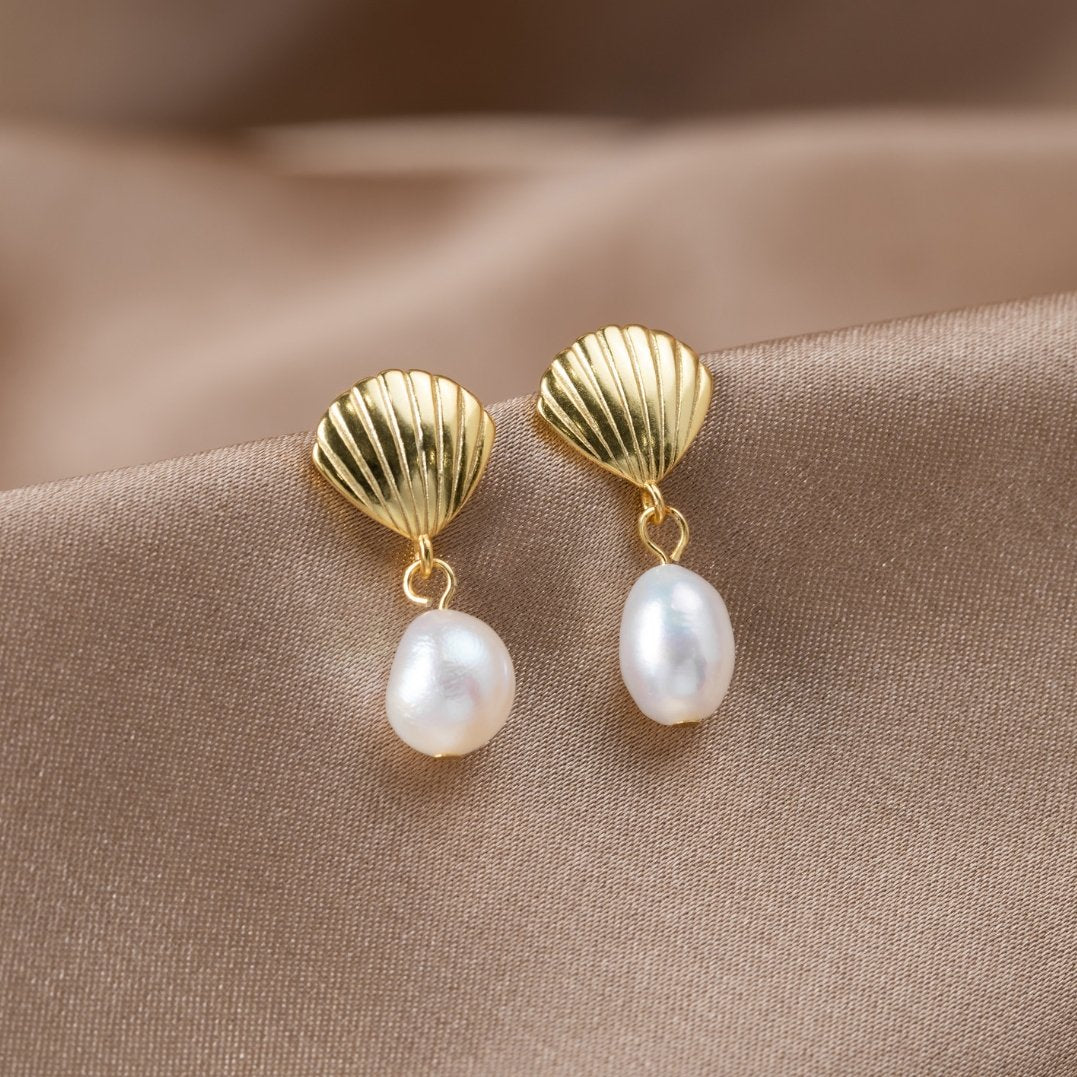 Rita — Freshwater Pearl & Gold Shell Earrings