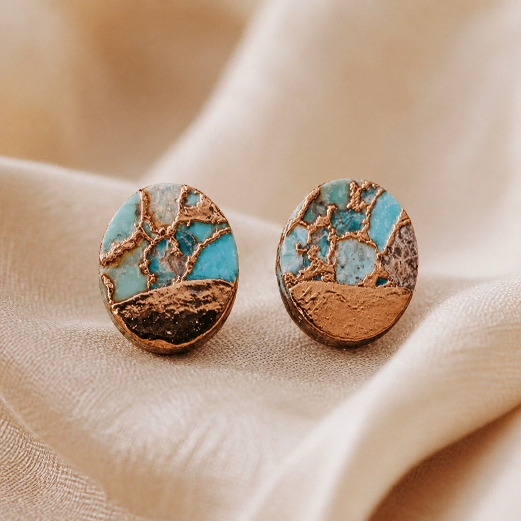 Oval turquoise mosaic stud earrings with warm copper-colored textured sections.