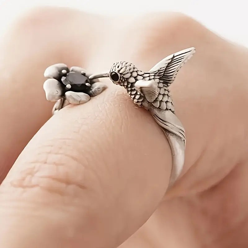 Flossie — Hummingbird & Flower Ring – Adjustable Open Bird Ring