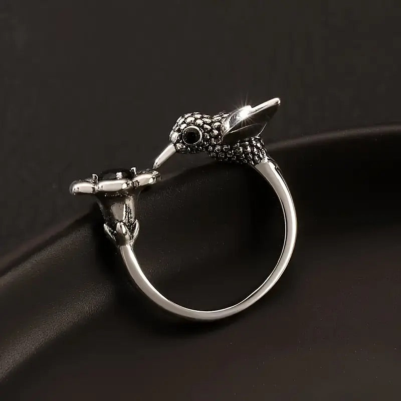Flossie — Hummingbird & Flower Ring – Adjustable Open Bird Ring
