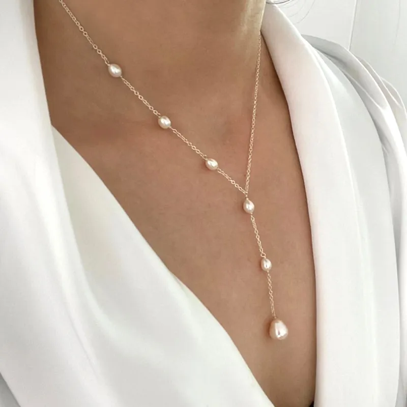 Odette — Cascading Pearl Lariat Necklace
