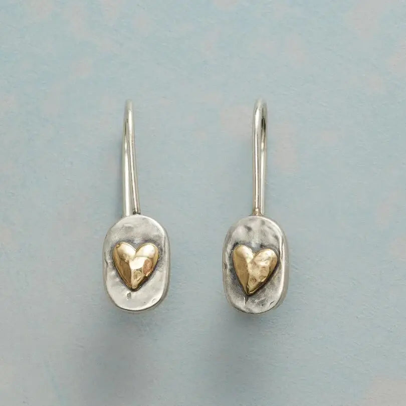 Cecily — Golden Heart Earrings in Vintage Silver