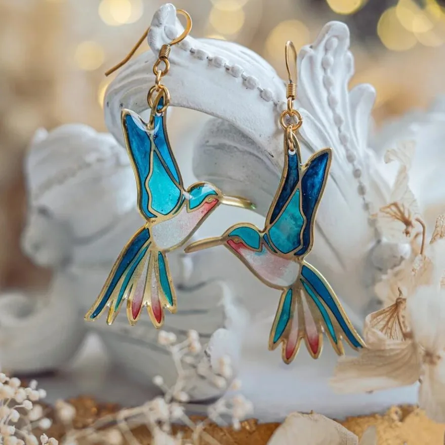 Elegant Dangling Earrings with Gold Hummingbird and Bright Blue Enamel