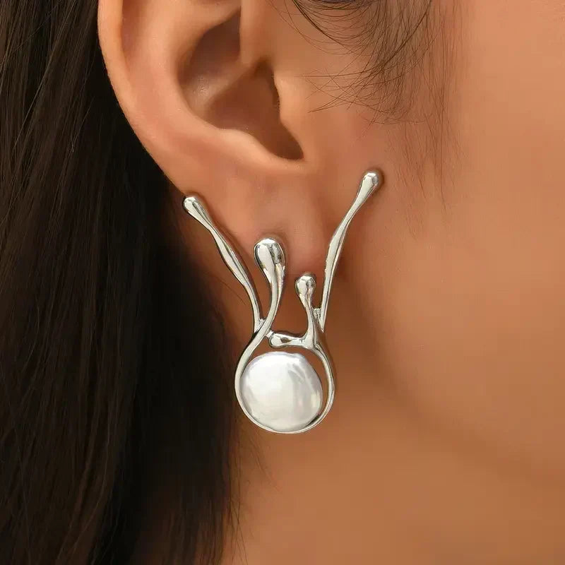 Zephyrine — Antique Irregular Silver Pearl Earrings in White Gold