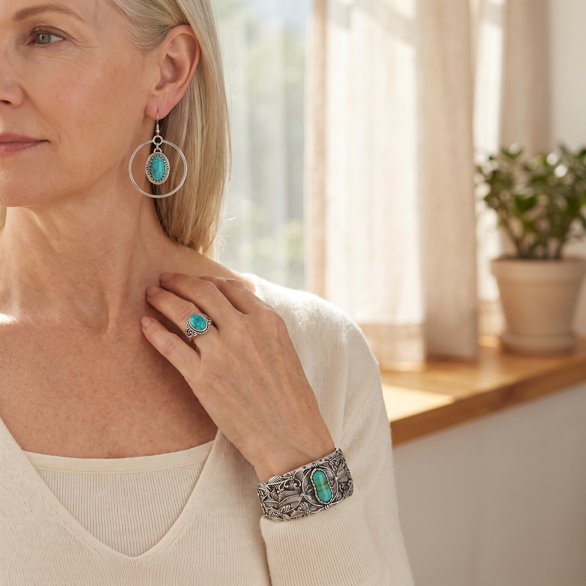Celine — Silver Turquoise 3-Piece Set worn together