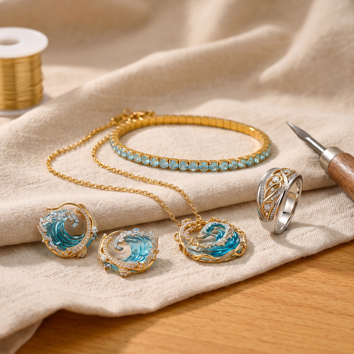 Marielle — Ocean's Oath Gold 4-Piece Set: earrings, necklace, ring and bracelet