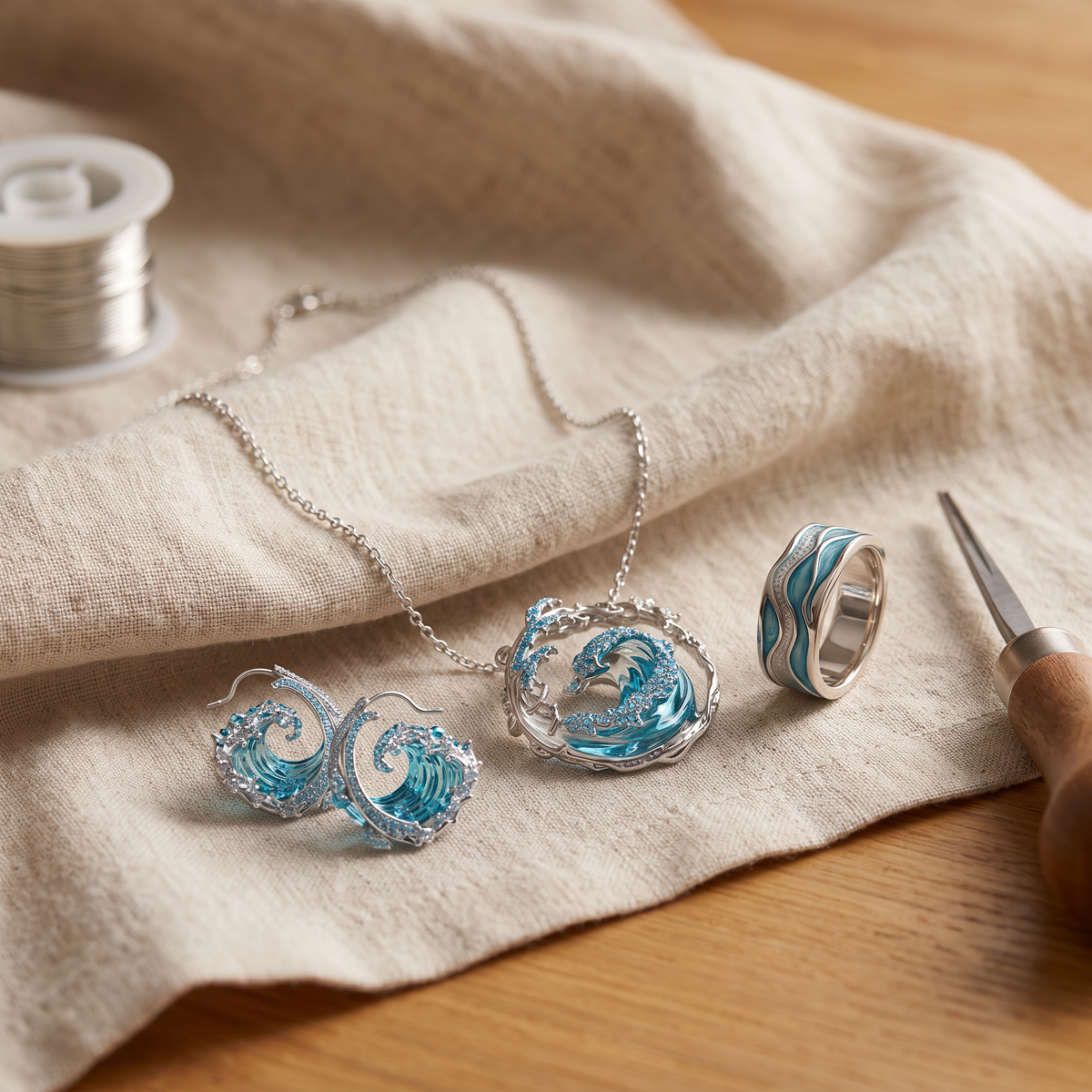 Selene — Silver Tide 3-Piece Set: earrings, necklace and ring