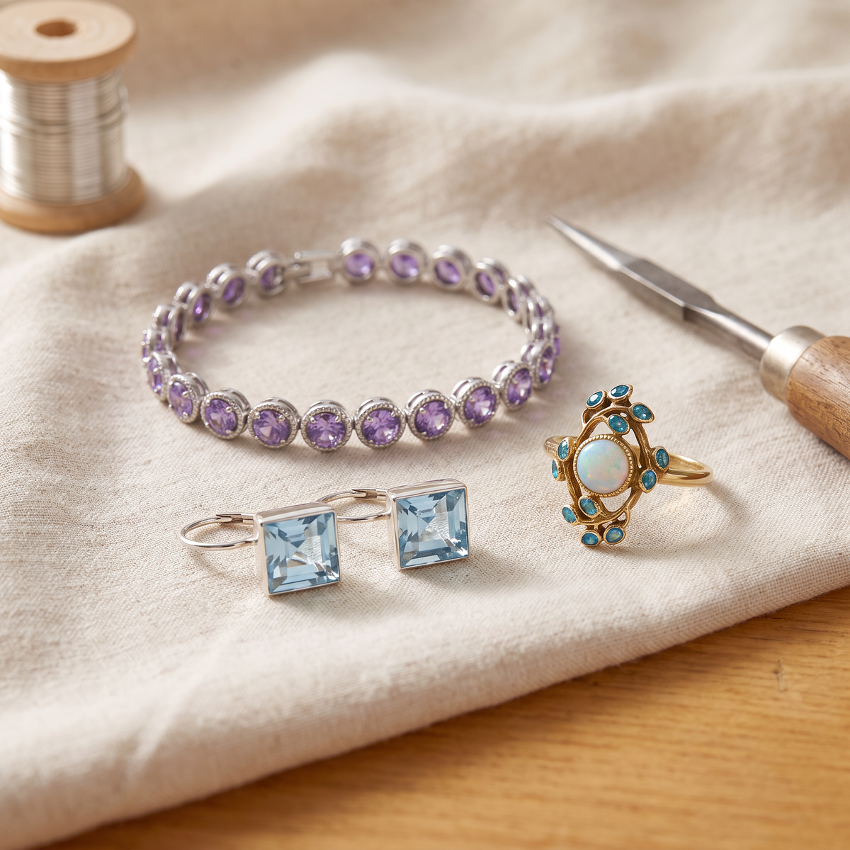 Isadora — Sapphire Glow 3-Piece Set: earrings, ring and bracelet