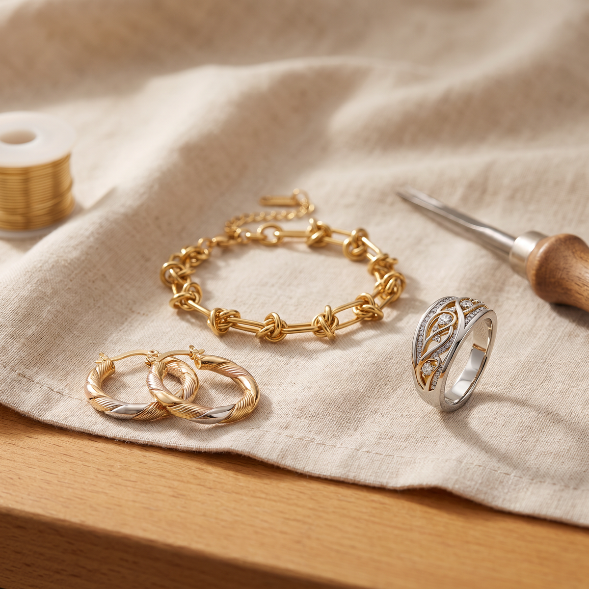 Elodie — Mixed Metal Muse 3-Piece Set: hoops, bracelet and ring