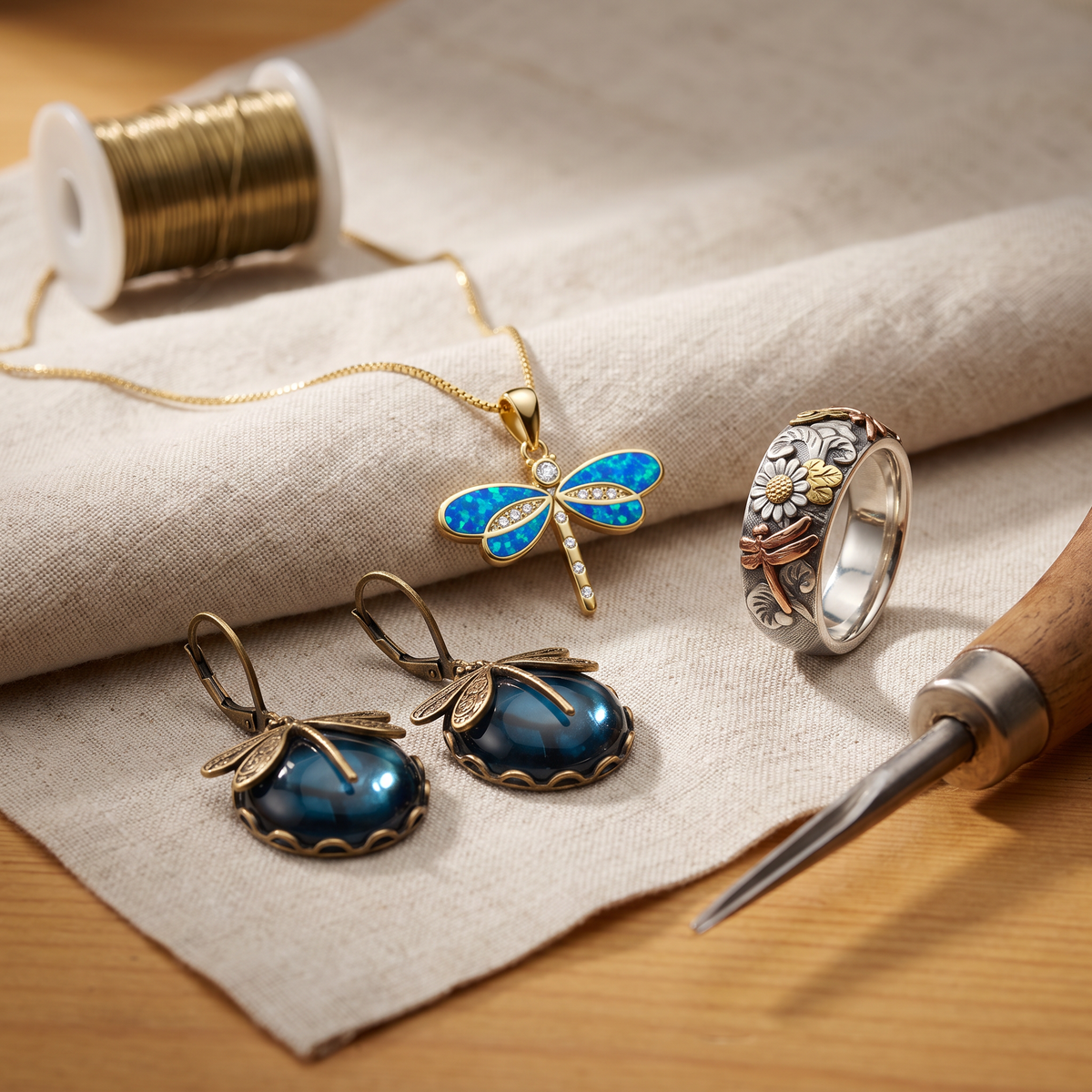 Lucienne — Dragonfly Keepsake 3-Piece Set: earrings, necklace and ring