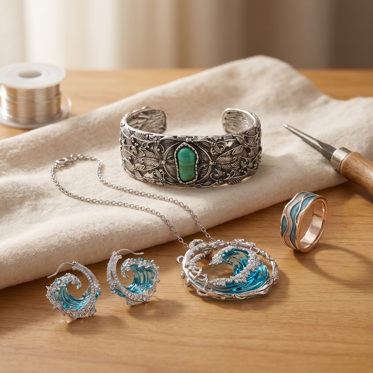 Cordelia — Silver Coast 4-Piece Set: earrings, necklace, ring and bracelet