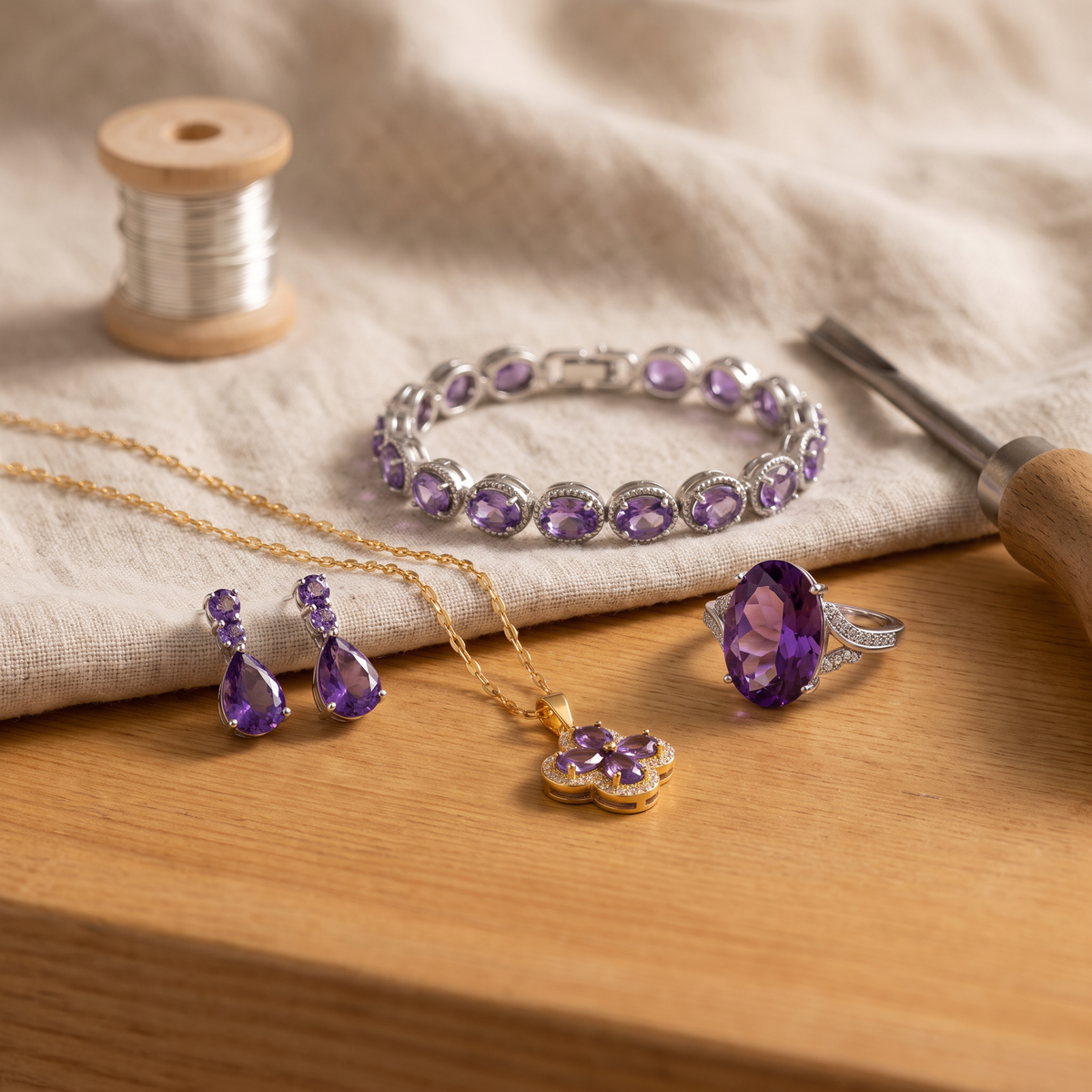 Amethyste — Moonlit Amethyst 4-Piece Set: earrings, necklace, ring and bracelet