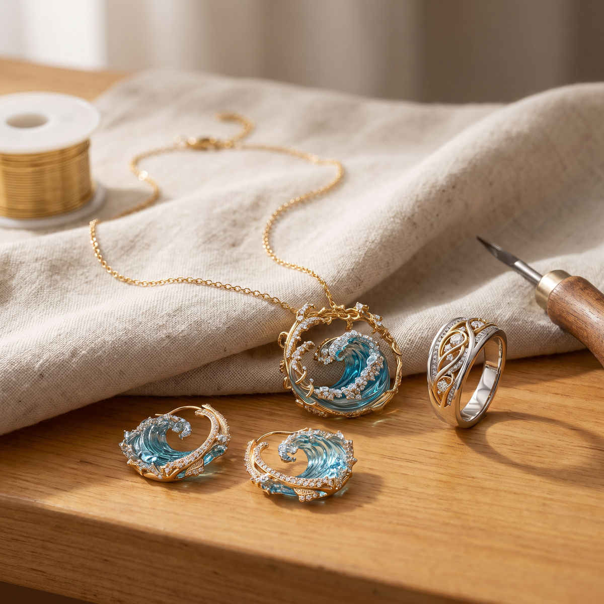 Marina — Ocean's Promise Gold 3-Piece Set: earrings, necklace and ring