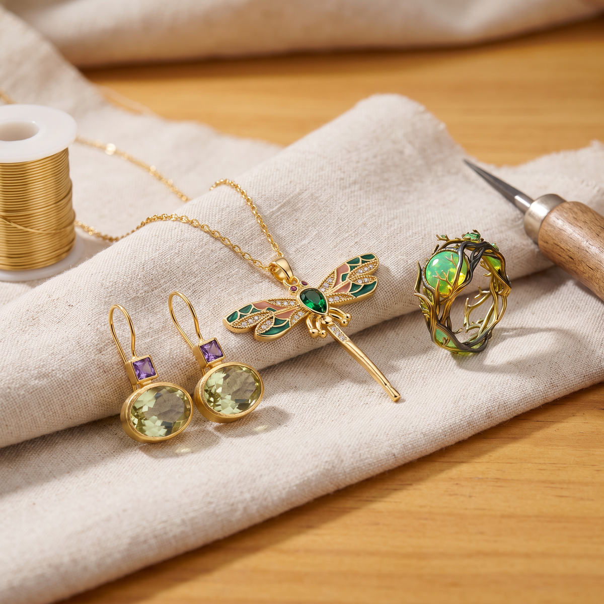 Aurelia — Emerald Light 3-Piece Set: earrings, necklace and ring