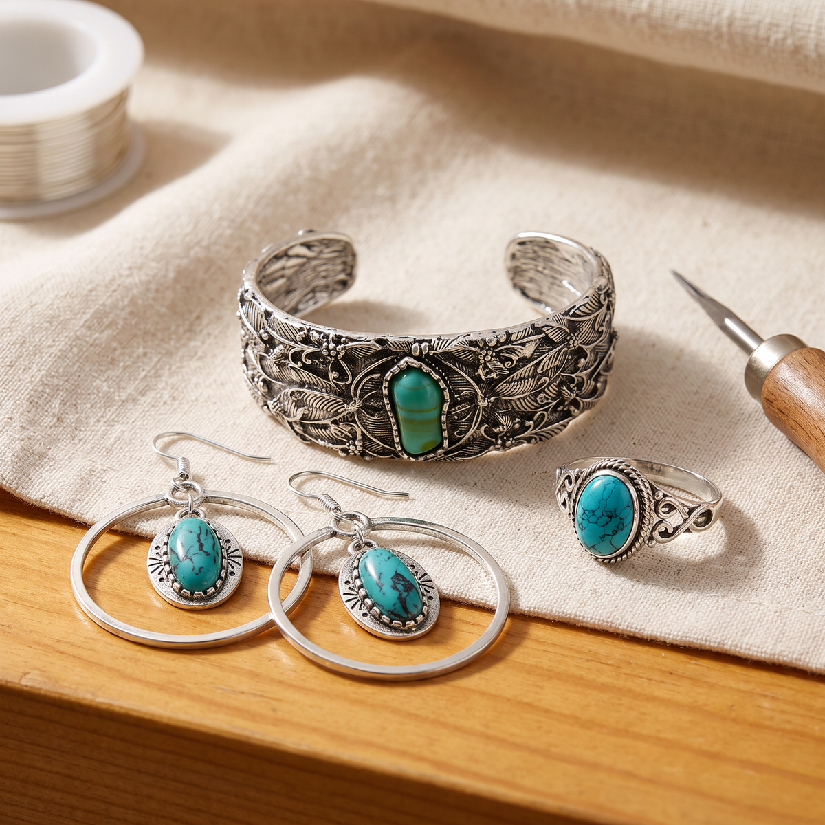Celine — Silver Turquoise 3-Piece Set: earrings, bracelet and ring