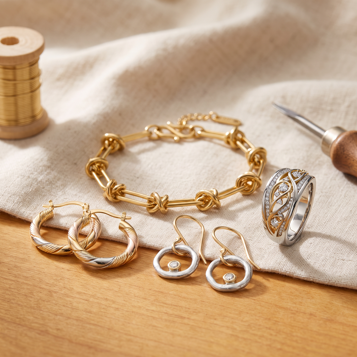Junia — Mixed Metal Icons 4-Piece Set: hoops, drop earrings, ring and bracelet