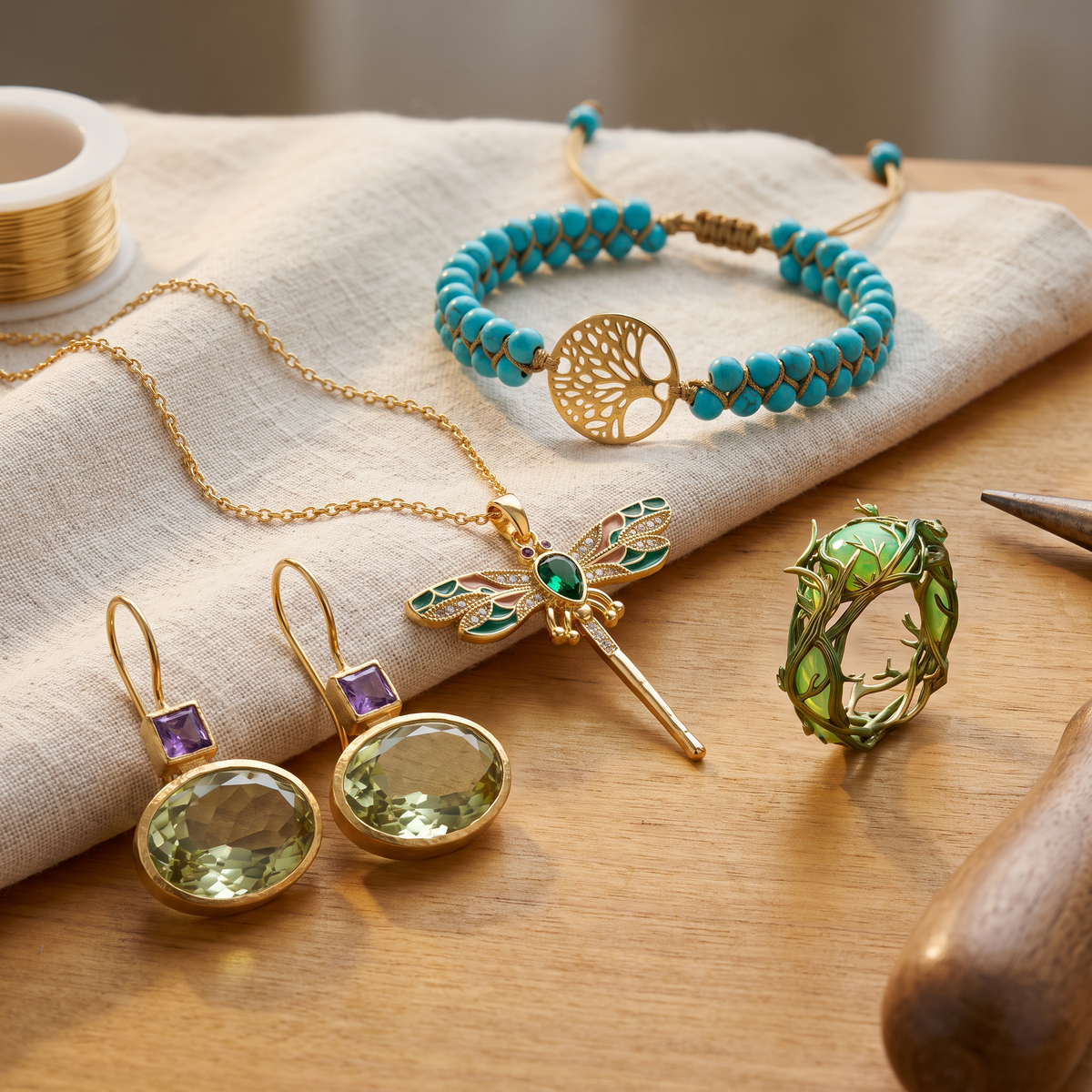 Celestine — Emerald Garden 4-Piece Set: earrings, necklace, ring and bracelet