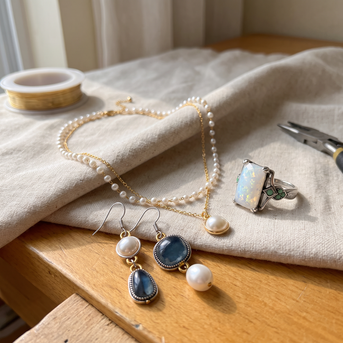 Mireille — Blue Pearl Glow 3-Piece Set: earrings, necklace and ring