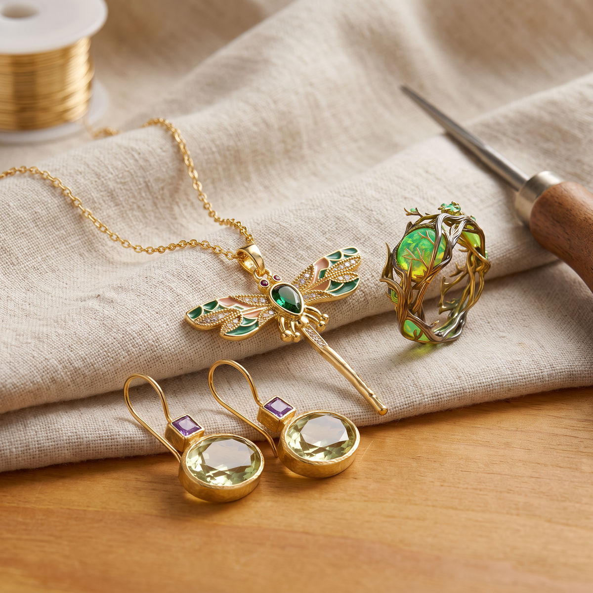 Celestia — Emerald Keepsake 3-Piece Set: earrings, necklace and ring