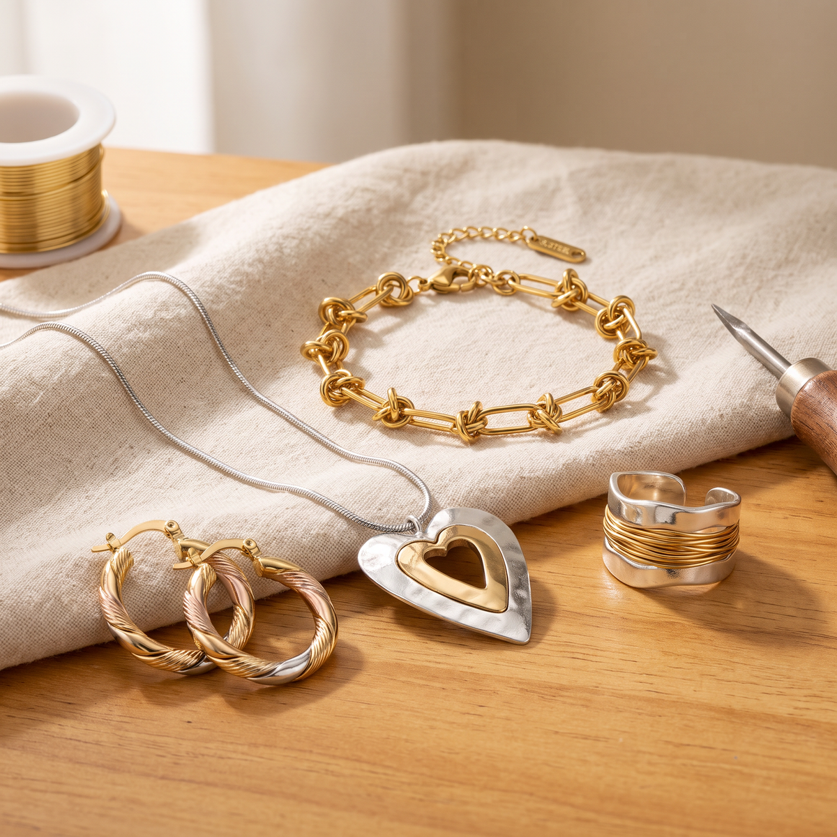 Delphina — Mixed Metal Icons 4-Piece Set: hoops, necklace, ring and bracelet