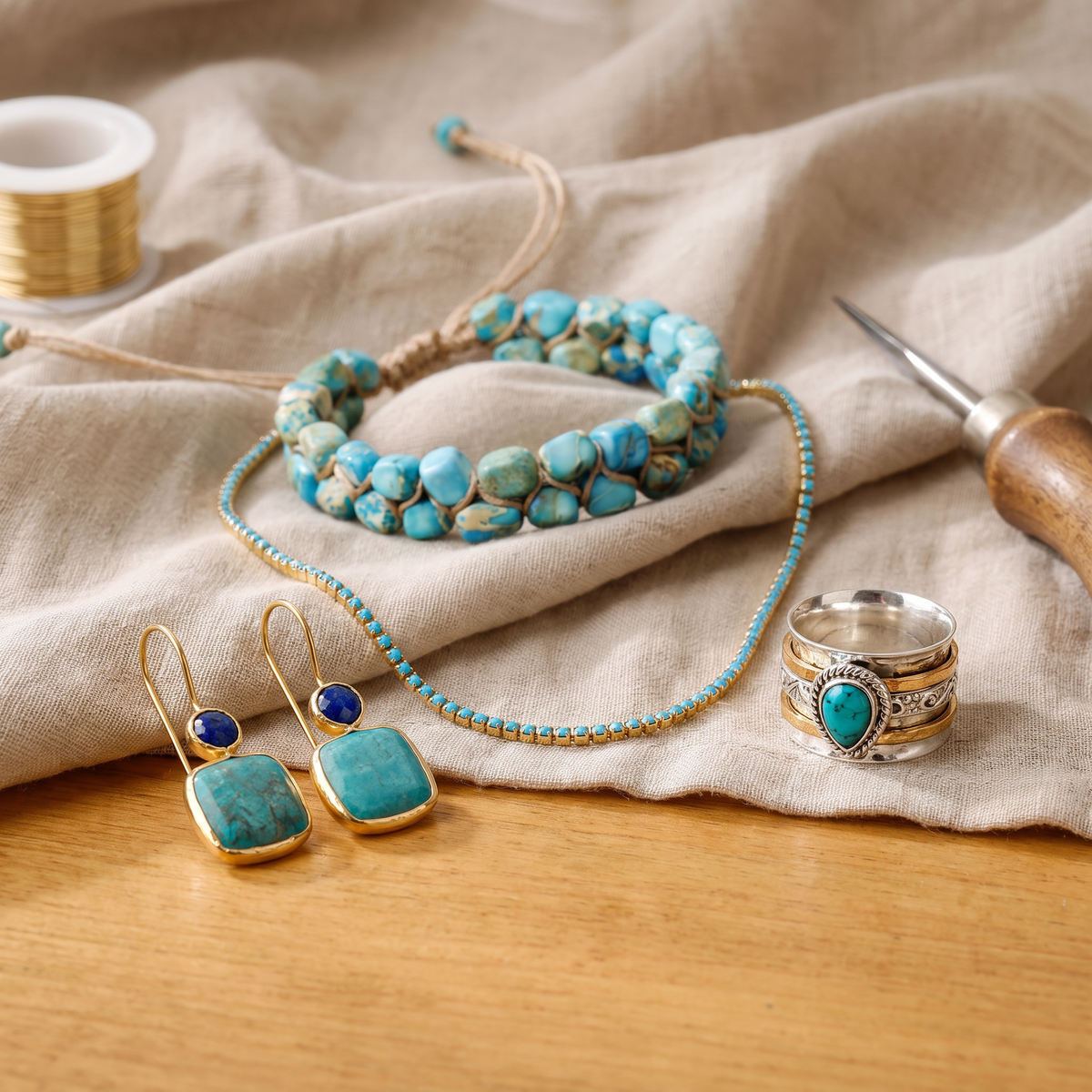Ottilie — Turquoise Heirloom 4-Piece Set: earrings, necklace, ring and bracelet