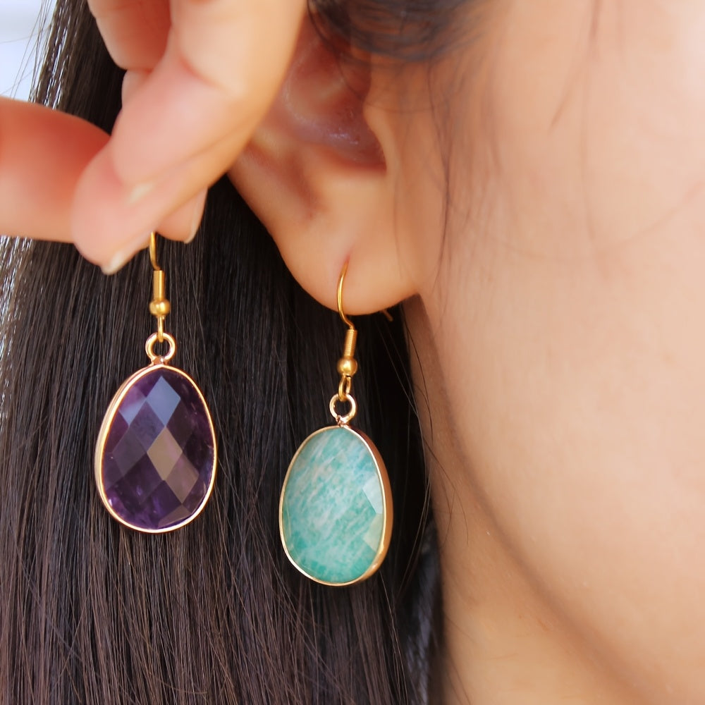 Purple and aqua-blue teardrop earring color options shown beside the face; each color is a separate option.