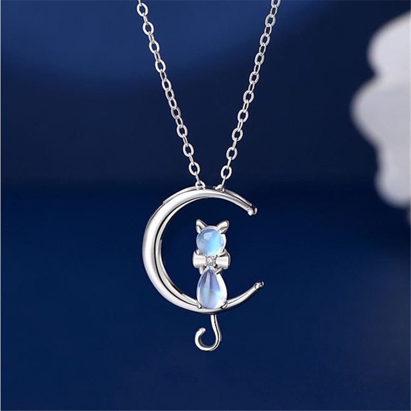 Ember — Moonstone Crescent and Cat Necklace