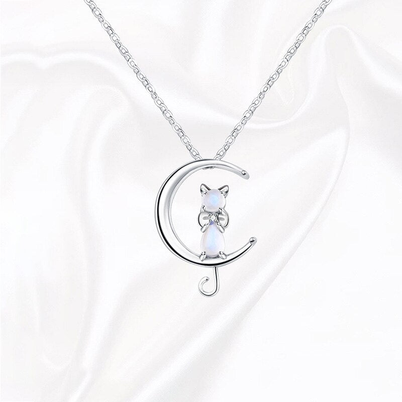 Ember — Moonstone Crescent and Cat Necklace